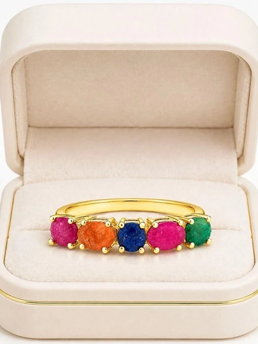 Genuine Ruby, Emerald, Blue Sapphire & Padparadscha Ring 14k Gold Plated (.925)